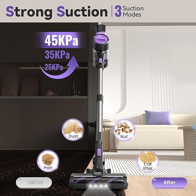 DEVOAC S10 Cordless Vacuum Cleaner, 45Kpa 50mins Lightweight Stick Vacuum with Powerful Suction for Home, Rechargeable, Self-Standing, Handheld Vacuum Cleaners for Hardwood Floors, Carpets Violet-PawvioPets