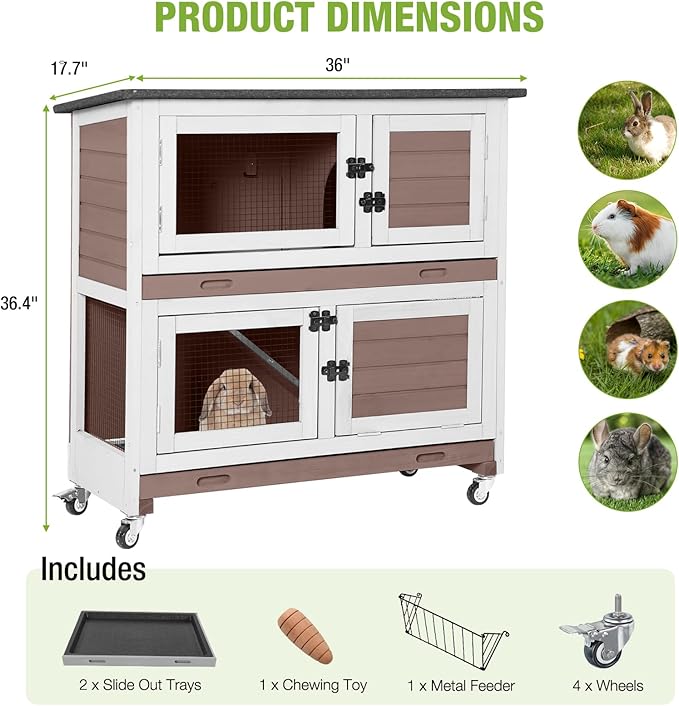 2-Story Rabbit Hutch Indoor Bunny Cage Wooden Guinea Pig House with Chew-Proof Ramp, Leakproof Slide-Out Trays, Lockable Caster Wheels for 1-3 Rabbits (Brown)-PawvioPets