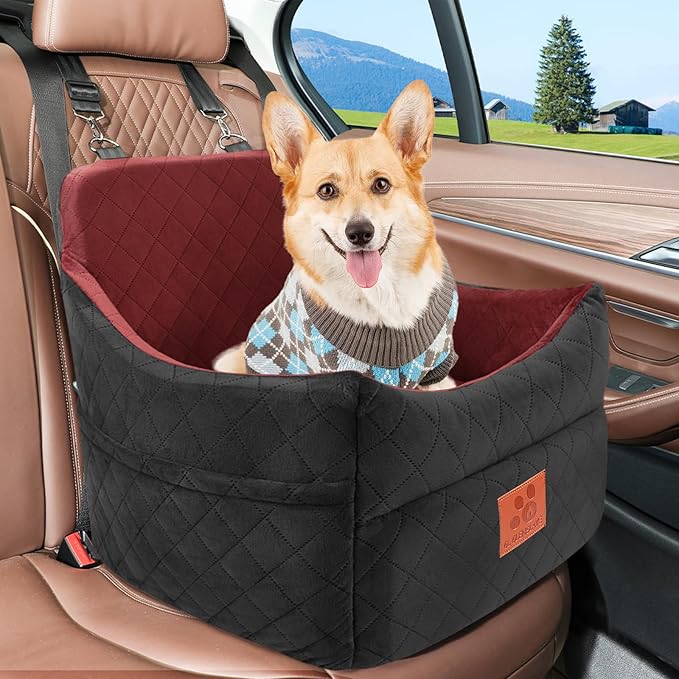 Dog Car Seat for Small/Medium Dogs, Dog Booster Car Seats with Thick Cushion for Dogs Under 35lbs, Detachable Washable Pet Car Seat with Storage Pockets, 2 Safety Belts(Black/Red)-PawvioPets