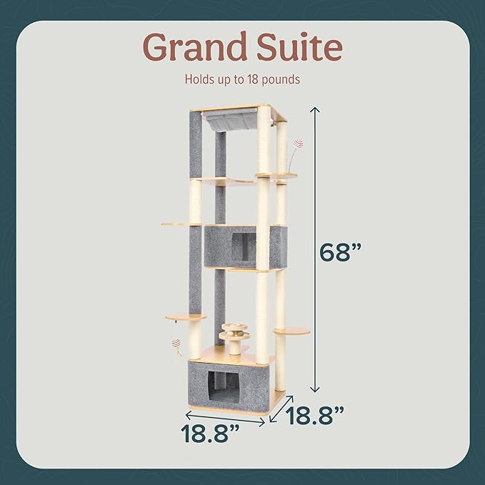 Ascentials - Grand Suite Cat Scratcher Playground - Tall Cat Tower Playground Structure, Sisal Scratching Areas, Grey Felt, Bamboo Veneer w/Linen & Velvet Surface Areas-PawvioPets