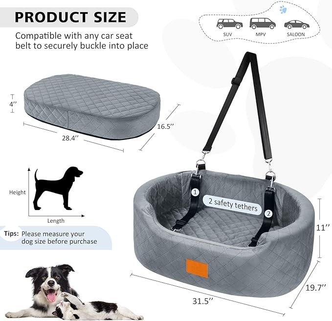 Dog Car Seat for Medium & Large Dogs up to 55 lbs, Elevated Booster Seat with Anti-Slip Base, Detachable & Machine-Washable Pet Car Bed for SUV/Sedan (Gray)-PawvioPets