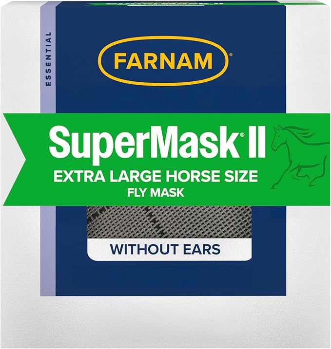 Farnam SuperMask II Fly Mask Without Ears for Larger Horses, Full Face Coverage and Eye Protection from Insect Pests, Structured Classic Styling Mesh with Plush Trim, XL Size-PawvioPets