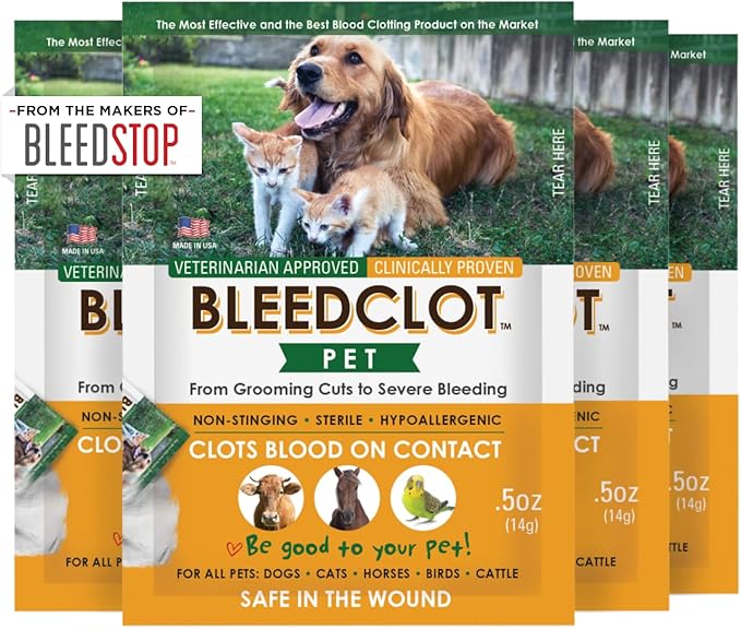 BleedClot Pet First Aid Blood Clotting Powder | The Best for All Animals to Stop Bleeding, Guaranteed | for Minor Cuts and Severe Arterial Bleeding | from The Makers of BleedStop (4 Pouches (0.5 oz))-PawvioPets