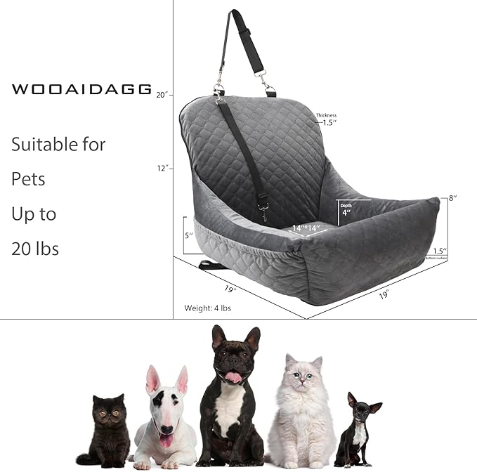 Dog Car Seat,Fully Detachable and Washable Cover,Easy to Assemble,Comfy Cushion Fill in Memory Foam,2 Clip-On Safety Leashes and Storage Pockets (Grey)-PawvioPets