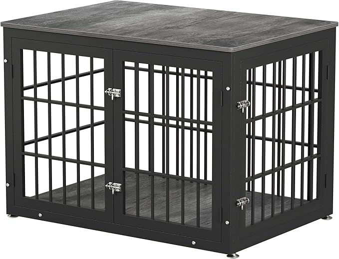 42 Inch Heavy Duty Dog Crate Furniture for Large and Medium Dogs, Decorative Pet House End Table, Wooden Cage Kennel Furniture Indoor, Gray-PawvioPets