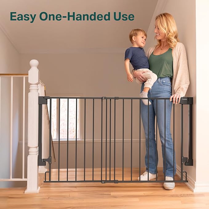 Cumbor 31.6-48" No Bottom Bar Baby Gate for Stairs, 2-in-1 Auto Close Dog Gate Indoor, Hardware Mounted Pet Gate for Doorways with Large Walk Thru Door, Child-Proof Safety Gate for Kids (Black)-PawvioPets