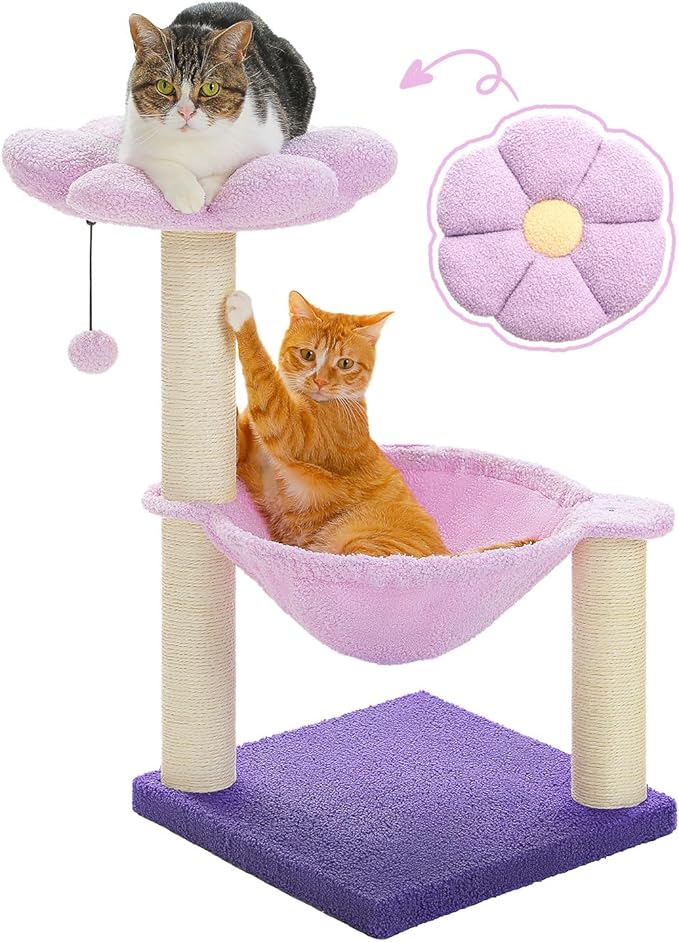 Flower Cat Scratching Post, 28" Cute Cat Tree Tower for Indoor Cats with Large Hammock Soft Perch Bed, Replaceable Toy Ball for Kittens, Purple-PawvioPets