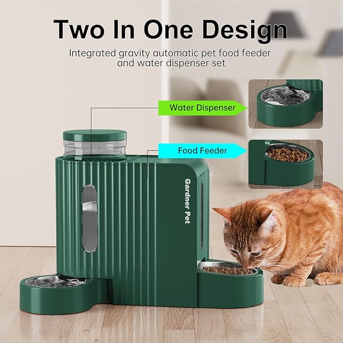 Gardner Pet Automatic Gravity Cat Food Feeder and Water Dispenser Stainless Steel Two-in-One Set Large Capacity Dispenser for Pets Dogs, Puppies, Kittens-PawvioPets