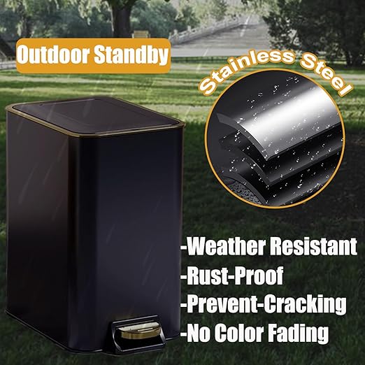Dog Poop Trash Can Outside Stainless Steel - Metal Pooper Scooper Set - 12L Dog Waste Trash Can Outdoor with Pedal - Backyard, Yard - Removable Inner Bin, Long Handle Tray and Rake - Black and Gold-PawvioPets