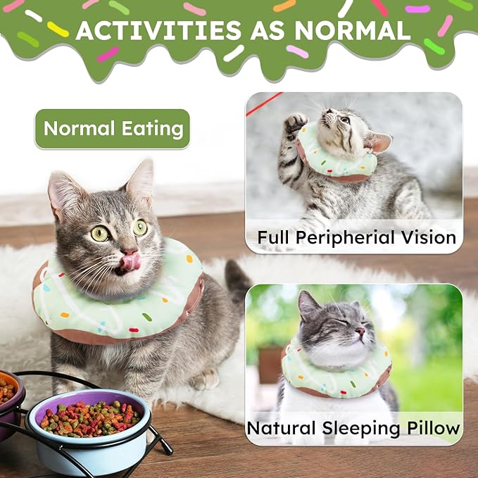 Cat Cone Collar Soft, Waterproof Cat Recovery Collars Spay Cones to Stop Licking Cute Donut E Collar After Surgery Anti-Lick Wound Healing Safety Elizabethan Collar for Kittens (Donut Green, Small)-PawvioPets