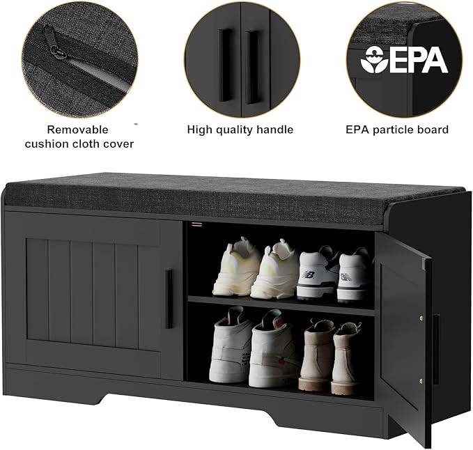 2-Tier Storage Bench, Shoe Bench with Thickened Padded Seat Cushion, Entryway Bench with 2 Doors, Adjustable Shelf, 13.8" D x 37.4" W x 18.5" H, for Entryway, Living Room, Bedroom, Black-PawvioPets