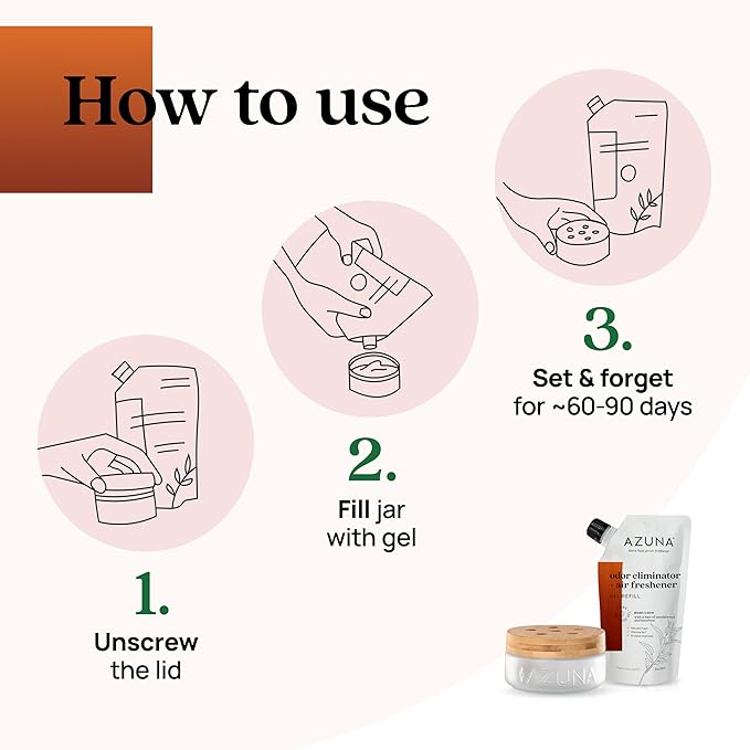 Azuna Air Freshener & Odor Eliminator for Strong Odor | 1 Room Kit Includes (1) Empty Luxe Glass Jar & 8oz Refill with Tea Tree Essential Oil Gel | Sandalwood | Last 60-90 Days-PawvioPets