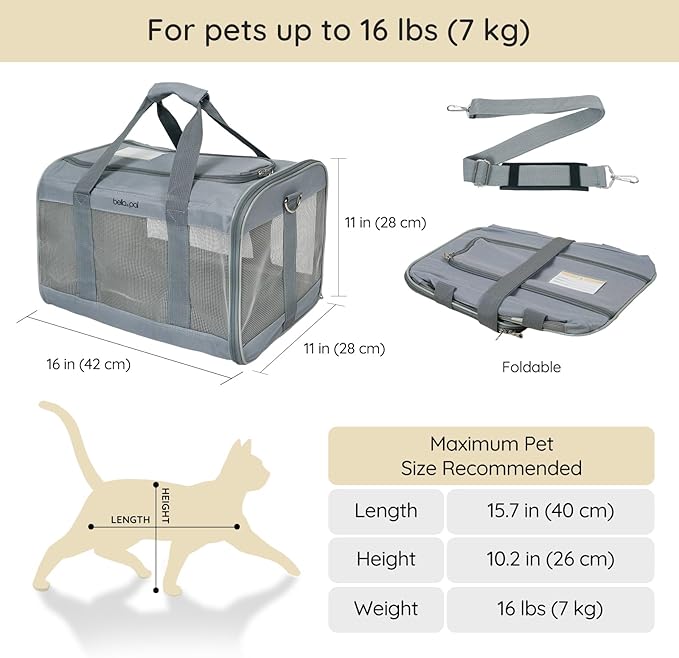 BELLA & PAL Cat Carrier Travel Bag, Airline Approved Lightweight Cat Carrier, Soft Sided Pet Carrier for Puppy Dogs Up to 18lbs, Collapsible Kitten Bag with Removable Waterproof Mat, Ventilated Mesh-PawvioPets