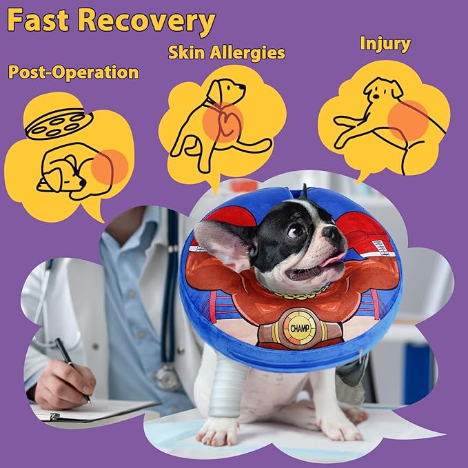 Crazy Felix Soft Donut Cone for Dogs to Stop Licking, French Bulldog Recovery Collar After Surgery Inflatable Cone Alternative for Small Medium Large Dogs, Elizabethan Collar with Boxer Pattern-PawvioPets