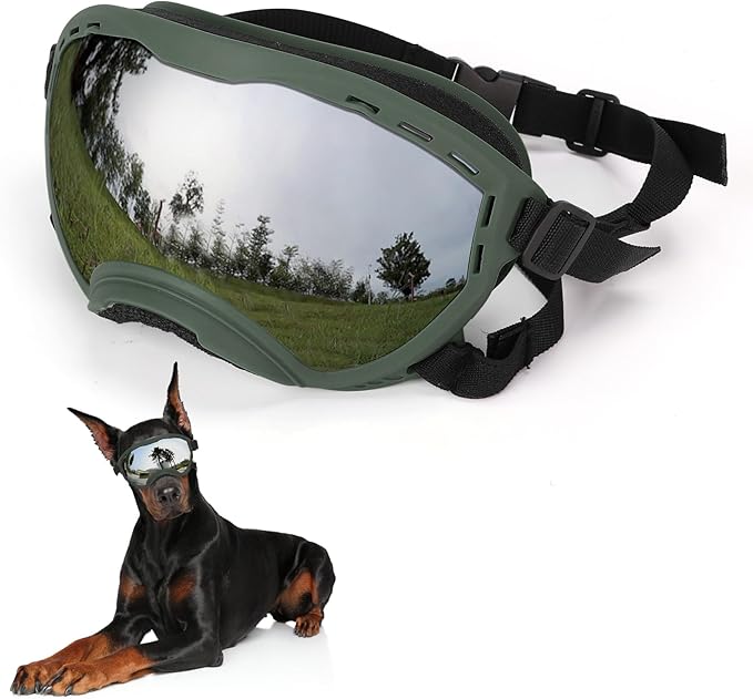 Dog Goggles for Large Dogs, UV Wind Dust Fog Protection, Soft Frame Adjustable Dog Sunglasses, Summer Driving & Winter Snow Eyewear, Tactical Pet Glasses with Elastic Strap (Green)-PawvioPets