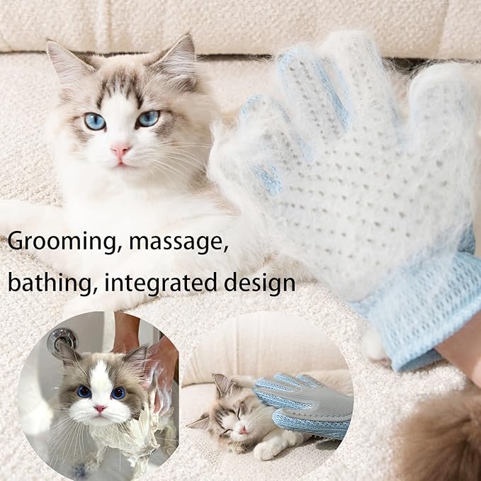 2 Pcs [2-in-1] Pet Hair Removal Gloves - Five Finger Massage Design Pet Beauty Gloves, Suitable for pet dogs and cats to prevent hair tanglings (Blue)-PawvioPets