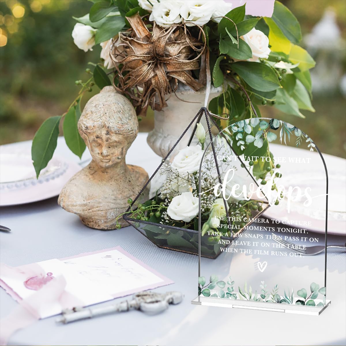 Acrylic Wedding Sign Can't Wait to See What Develops Signs for Ceremony Modern Calligraphy Arch Acrylic Table Top Signs for Wedding Reception and Event Party Table Decor (Eucalyptus Leaves)