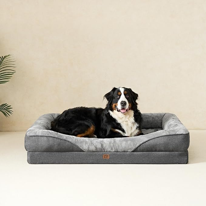EHEYCIGA Memory Foam XL Dog Bed for XLarge Sized, Extra Large Orthopedic Dog Sofa with Sides and Waterproof Liner, Washable Bolster Pet Bed Couch with Removable Cover, 42x30x7.5 Inch, Grey-PawvioPets