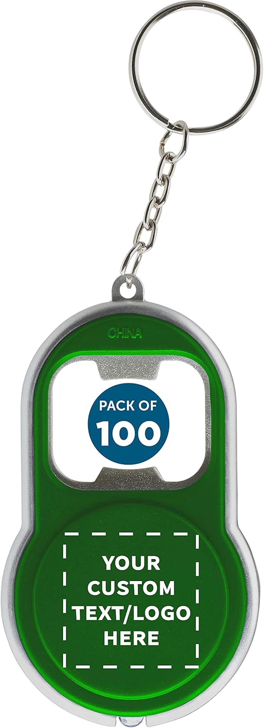 DISCOUNT PROMOS Custom Bottle Opener & LED Keychains Set of 100, Personalized Bulk Pack - Perfect for Tradeshows, Party Favors, Other Events - Green