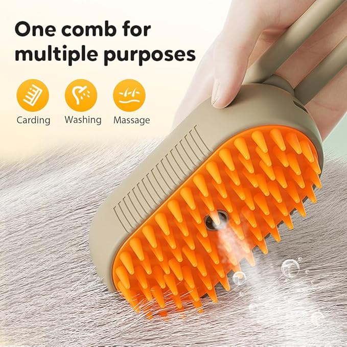 3-In-1 Rechargeable Steamy Cat Brush, Deep Cleaning & Hair Removal System with Rotating Handle, 360° Massage for Cats & Dogs (Cream)-PawvioPets