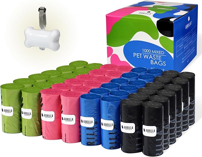 GORILLA SUPPLY 1000 multicolor poop bags for dogs with Dispenser and Leash Tie, 9" x 13", Mixed-PawvioPets