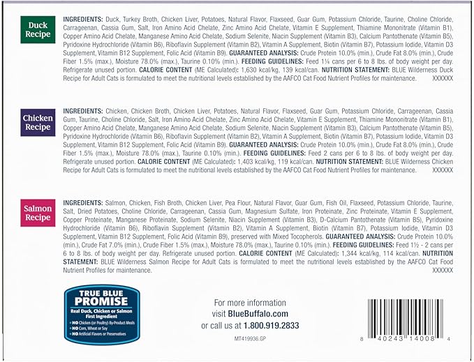 Blue Buffalo Wilderness High Protein, Natural Adult Pate Wet Cat Food Variety Pack, Chicken, Salmon, Duck 3-oz cans (24 Count- 8 of Each Flavor)-PawvioPets