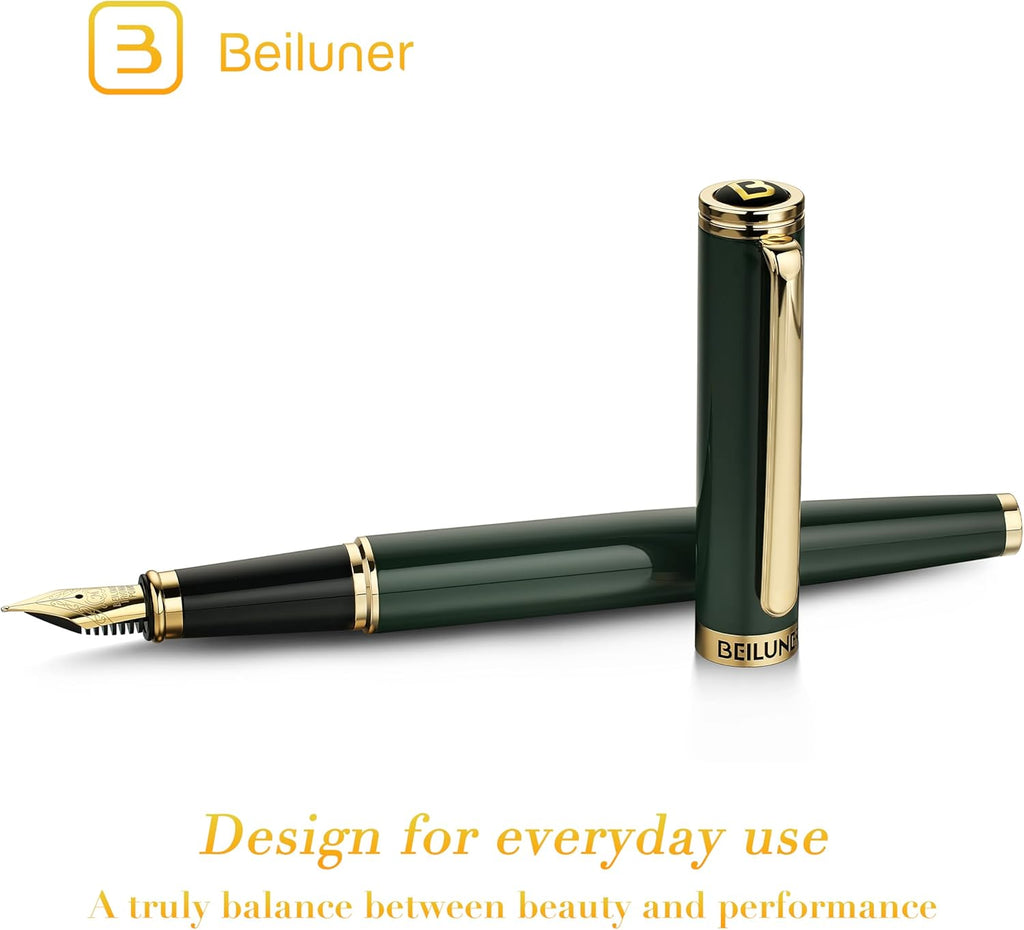 BEILUNER Racing Green Fountain Pen,Stunning Luxury Pens with 24K Gold Finish, Gorgeous 24K Gilded Nib(Medium), Fancy Pen Gift for Men&Women -Ink Converter-Christmas, Office,Fancy,Nice Pen for Writing
