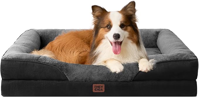 EHEYCIGA Memory Foam Dog Bed for Large Sized, Orthopedic Dog Sofa with Sides and Waterproof Liner, Washable Bolster Pet Couch with Removable Cover, 41x27x7.5 Inch, Grey/Black-PawvioPets