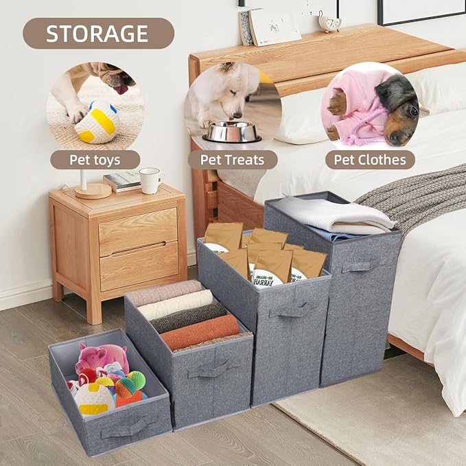 Dog Stairs with Storage, 4-Step Folding Pet Steps for Small Dogs and Cats, Pet Steps Storage with Zip, Pet Stairs for High Bed, Couch and Car Ramp (Gray, 4 Steps no Condo)-PawvioPets