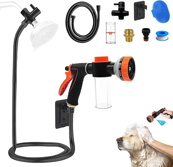 Dog Washing Hose Attachment for Pet Bathing with Black Shower Diverter, Pup Dog Wash Hose Nozzle Shampoo Sprayer for Indoor Outdoor Pet Shower, Dog Shower Attachment with Dog Brush-PawvioPets