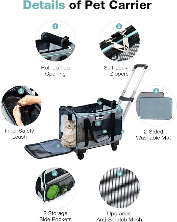 Dog Cat Carrier with Wheels, Airline Approved Pet Carrier for Cats Dogs 15lbs 20 lbs with Double-Sided Mat, Safety Leash and Shoulder Strap, Grey-PawvioPets