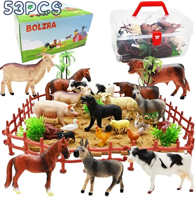 Farm Animal Figurines, Realistic Plastic Animals Toys with Fences Building Blocks, Farm Figures Playset Educational Birthday Gift for Kids & Toddlers, 53 PCS-PawvioPets