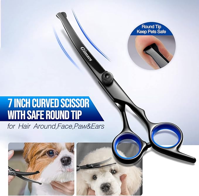 Gimars Dog Grooming Scissors Kit Professional 4CR with Safety Round Tip, 5 in 1 Heavy Duty Titanium Coated Thinning & Curved & Straight Shears-PawvioPets