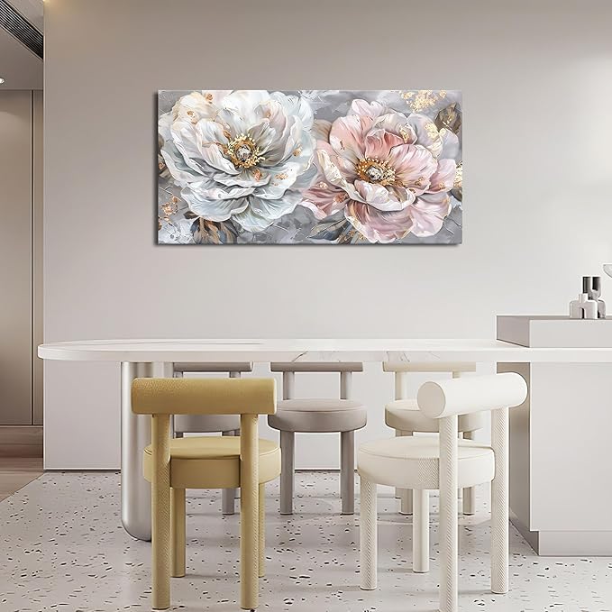 Extra Large Flower Wall Art Pink and White Floral Canvas Living Room Golden Pictures Framed Prints Oversize Wall Decor Big Painting Artwork for Bedroom Dining Office Home 60"x30"-PawvioPets