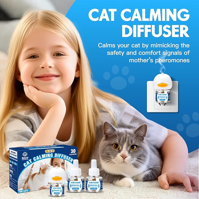 Cat Calming Pheromones Diffuser: 3-in-1 Kit Cat Appeasing Pheromone Diffuser to Calm (1 Plugin+2x48ml Refills) for Comfort Reduces Stress Anxiety, Long-Lasting Appeasing Pheromone for Pet Cat (3in1)-PawvioPets
