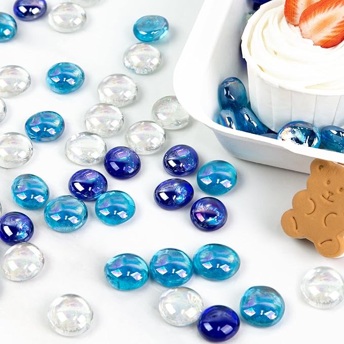 FUTUREPLUSX 1LB Iridescent Flat Glass Marbles, Blue Mixed Glass Beads Vase Fillers Decorative Gem Pebbles Sparkling Floral Fish Tank Rocks for Vases Table Scatter Aquarium Decor DIY Craft-PawvioPets