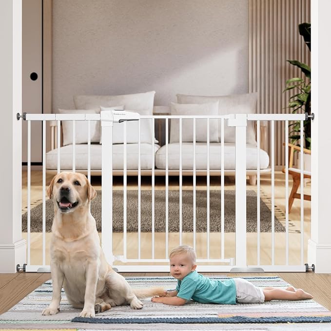 BABELIO 36" Tall Baby Gate, 29-55" Auto Close Pressure Mounted Dog Gate for Doorways & Hallway, Pressguard Basics Easy Walk Thru Pet Gate, Extra Wide Metal Child Gate, White-PawvioPets