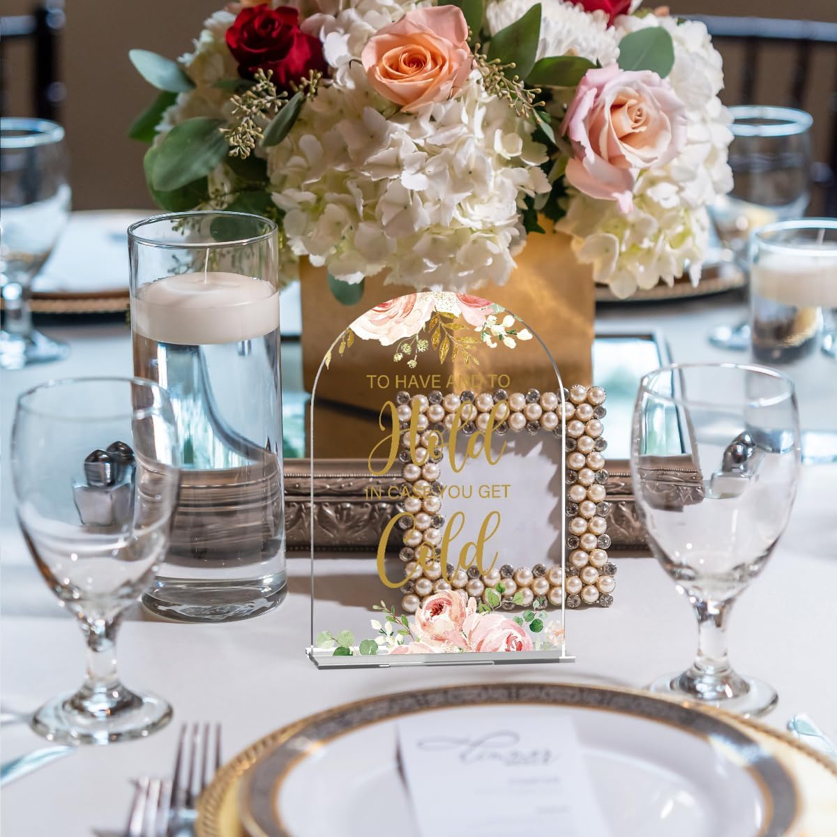 Acrylic Wedding Signs, Bridal Shower Decorations, Modern Calligraphy Arch Acrylic Table Top Sign for Wedding Reception and Engagement Parties - To Have And To Hold (Clear Pink Flowers)