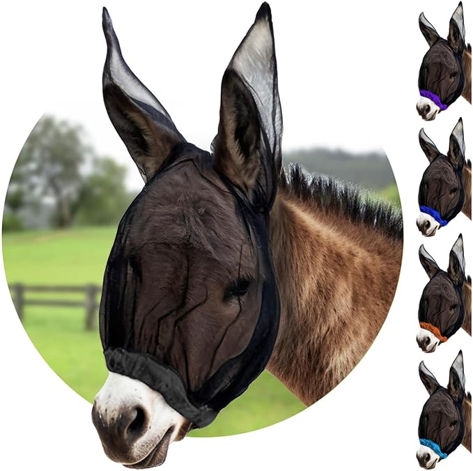 Donkey Fly Mask with Long Ears (Black) Made in USA - Mule Fly Mask with Ears Protection from Insects and Bugs, Mini Donkey Soft Mesh Fabric with Adjustable Fastener, Face Cover Supplies for Donkeys-PawvioPets