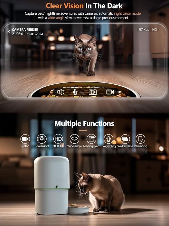 Automatic Cat Feeder with Camera - 5G WiFi Auto Cat Food Dispenser, 1080P HD Video with Night Vision, 1-15 Meals, 1-99 Portions, 2-Way Audio, Keeps Food Fresh, 4L Timed Pet Feeder Also for Dogs-PawvioPets