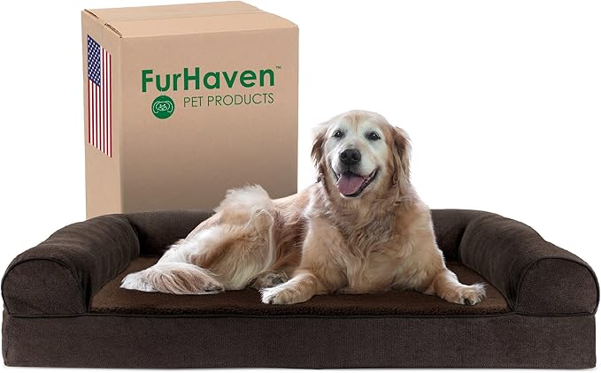 Furhaven Cooling Gel Dog Bed for Large Dogs w/ Removable Bolsters & Washable Cover, For Dogs Up to 95 lbs - Sherpa & Chenille Sofa - Coffee, Jumbo/XL-PawvioPets