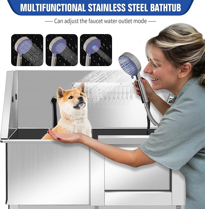 Dog Washing Station 38'' Stainless Steel Pet Grooming Tub for Large Dogs Over-Size Professional Dog Grooming Bathtub Station Wash Shower Sink Pet Grooming Bathtub Station-PawvioPets