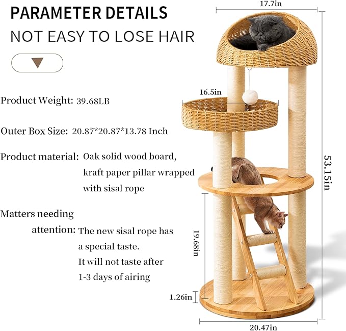 Big Modern Design Cat Tree Tower, Cat Tower Sisal-Covered Scratching Posts for Indoor Cats, Natural Oak Wood Cat Tree for Large Cats, Multi-Level Cat Condo with Sisal Staircase-PawvioPets
