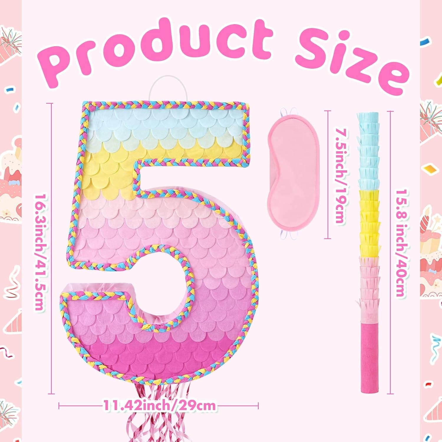 WERNNSAI Pink Sweet Five Pinata - Number 5 Pinata Happy Birthday Decoration Pink Rainbow Design Party Games for Girl Princess Baby Shower Party Favor with Blindfold Anniversary Celebration Supplies