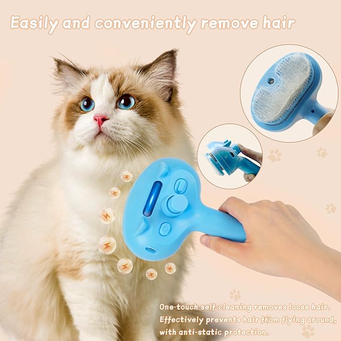 5-in-1 Pet Steam Brush for Cats & Dogs – Grooming, Shedding, Massage & One-Touch Clean for Short & Long Hair Pets – Electric Cat Brush with Comb & Steam (Blue)-PawvioPets