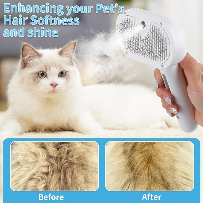 Dog Brush for Shedding, Cat Brushes for Indoor Cats, Cat Brush for Shedding - Pet Grooming Supplies with Steam, Hair Removal Comb Spray for Long-Haired Cats and Dogs (White)-PawvioPets