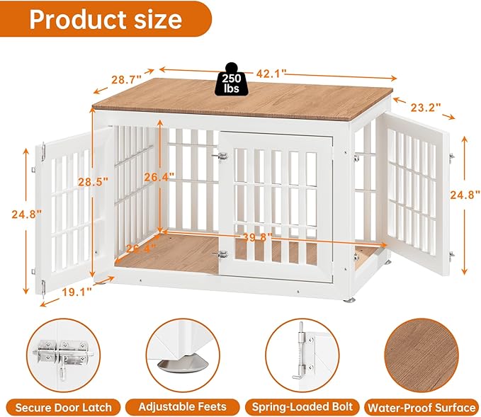 42" Heavy Duty Dog Crate Furniture for Small,Medium and Large Dogs,Rustic Wooden Dog Cage Kennel Indoor Furniture with Waterproof Top,Decorative Pet House Side End Table (White & Wood)-PawvioPets