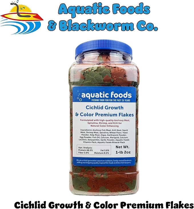 Aquatic Foods Inc. Premium Cichlid Growth and Color Enhancing Flakes with Spirulina, Color Enhancing Astaxanthin Also Pellet Mix, Wafer Mix Included…1-lb 2oz-PawvioPets