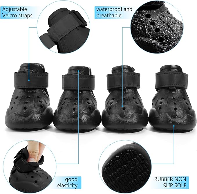 Dog Shoes, Dog Sandals for Hot Pavement, Non-Slip Waterproof Dog Booties for Winter Snowy Day and Summer, Adjustable Straps Easy-Clean Beach Outdoor Pet Boots Rugged Sole-4Pcs Black-PawvioPets