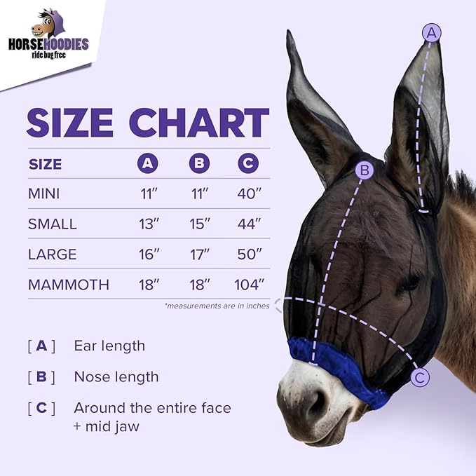 Donkey Fly Mask with Long Ears (Black) Made in USA - Mule Fly Mask with Ears Protection from Insects and Bugs, Mini Donkey Soft Mesh Fabric with Adjustable Fastener, Face Cover Supplies for Donkeys-PawvioPets